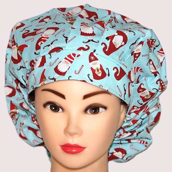 Womens Christmas Bouffant Scrub Cap Candy Cane Gnomes * Handmade - Picture 3 of 7